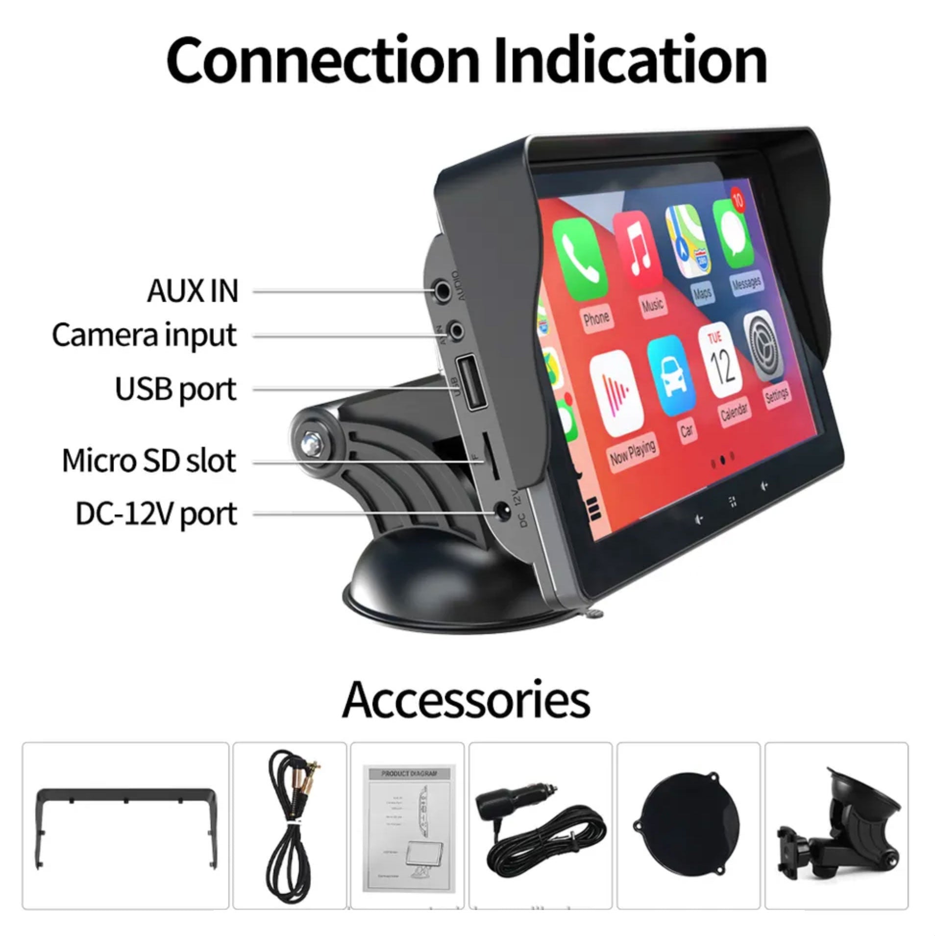 Portable Navigation System with CarPlay and Android Auto | 7 inches | Bluetooth | FM transmitter | AUX