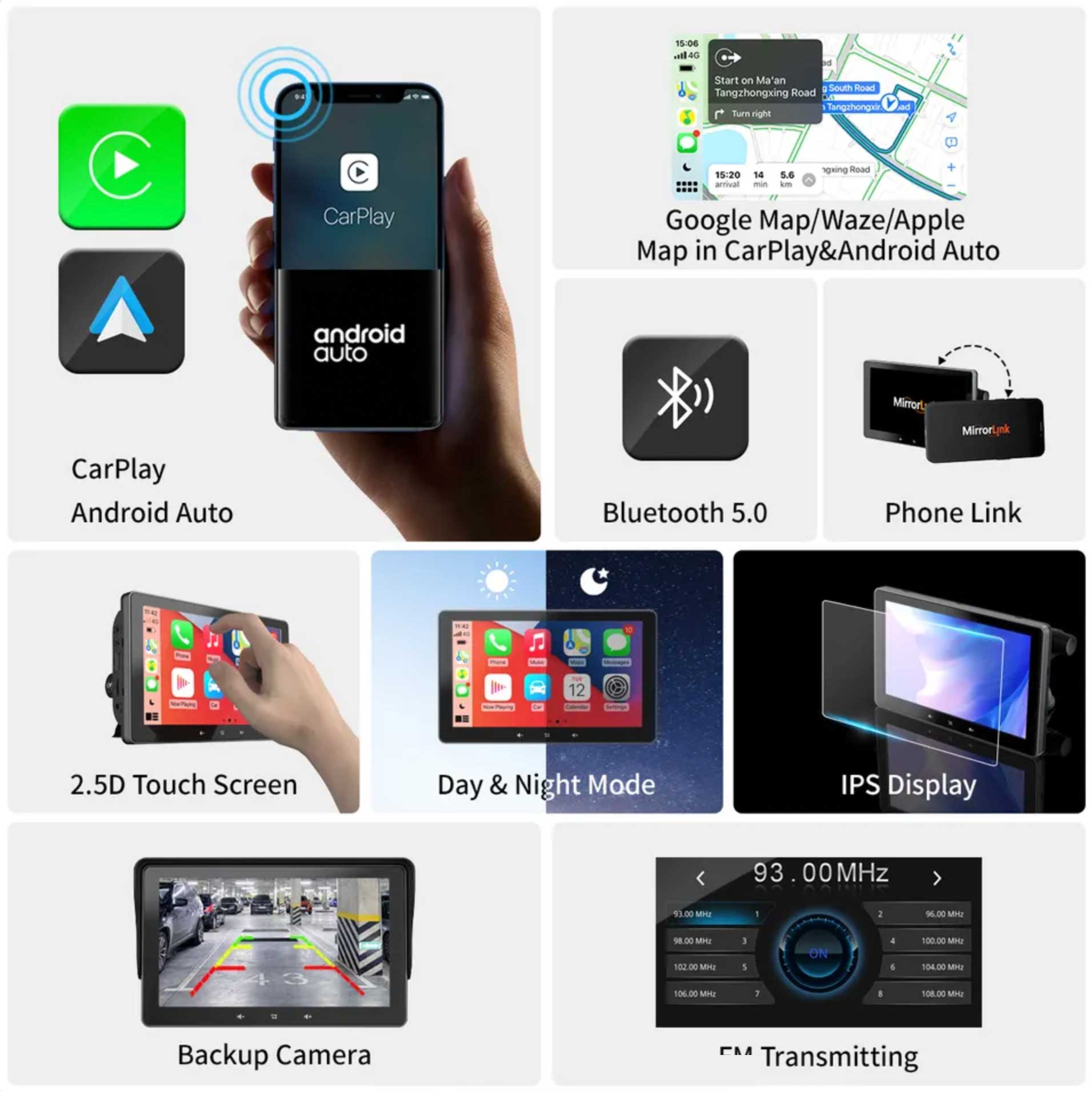 Portable Navigation System with CarPlay and Android Auto | 7 inches | Bluetooth | FM transmitter | AUX