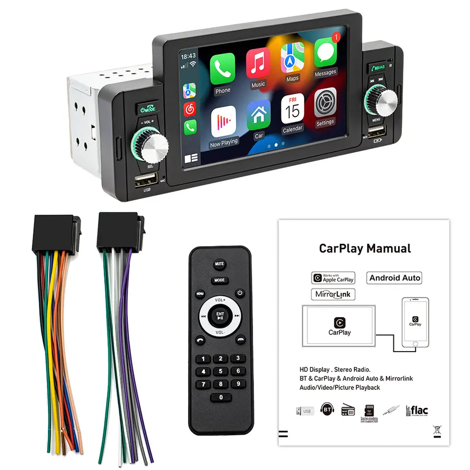 1 DIN 5" Car Stereo with CarPlay and Android Auto